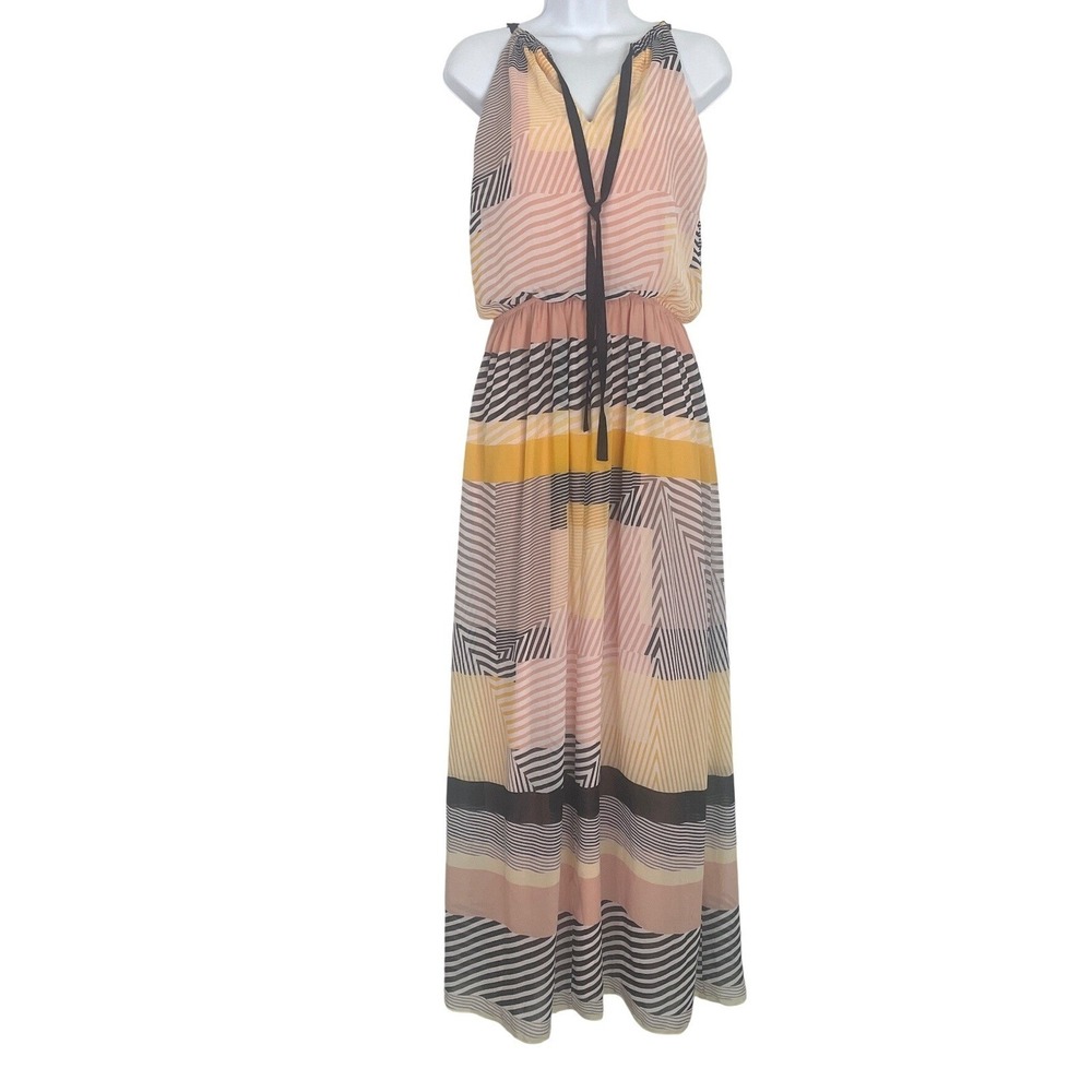 Women Boho Geometric Abstract Resortwear Maxi Dress Halter Tie Pink Yellow S